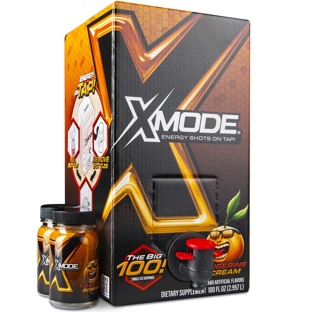 XMODE Extra Strength Energy Shots on Tap - Tangerine Maitse, Suhkruvaba, 150mg Kofeiini oz, B12, 100 (1oz) Servings, Dispenser 2 korduvtäidetavat pudelit
