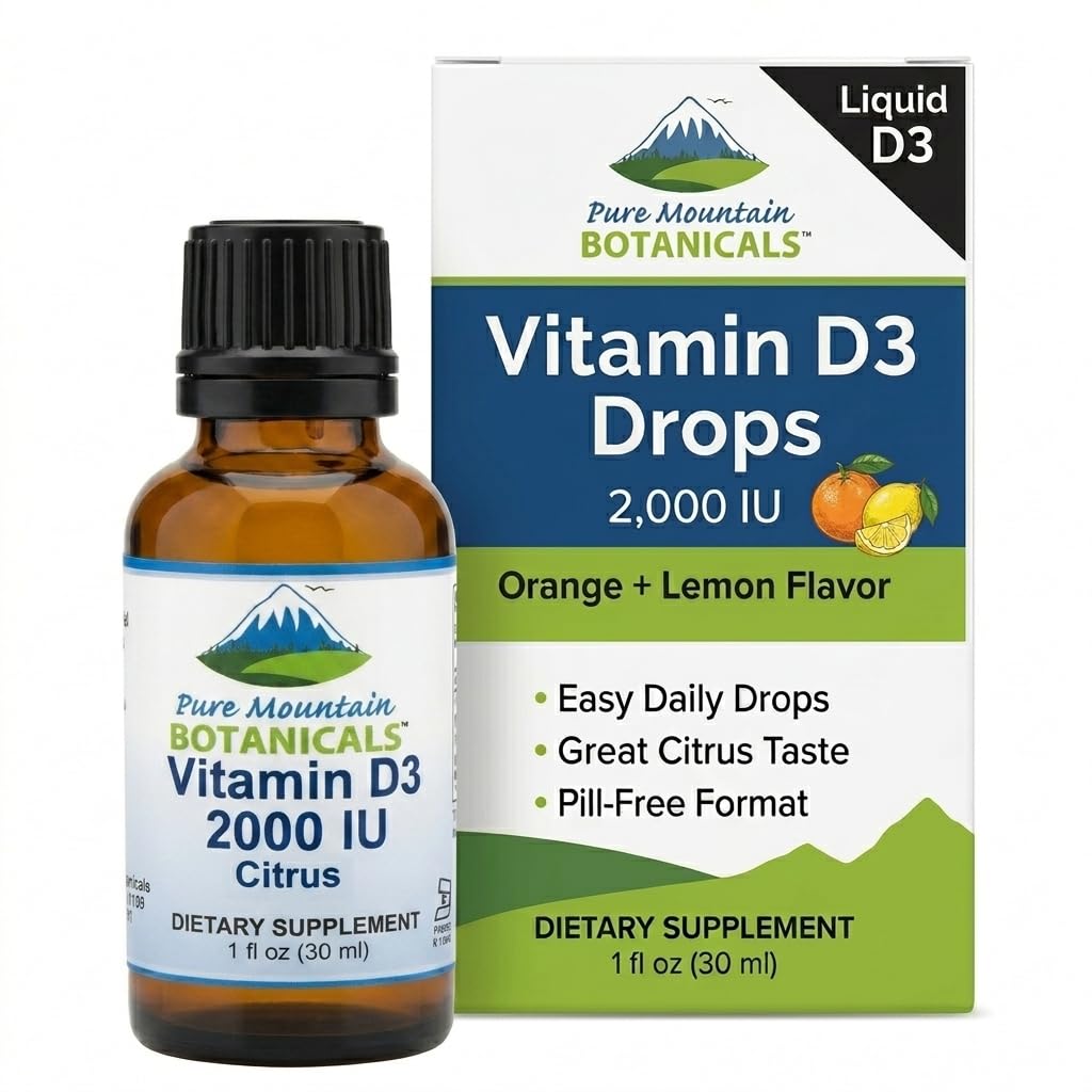 Pure Mountain Botanicals Maitsestatud D-vitamiini tilgad - Oranž ja Sidrun Maitsestatud Vedel Vitamiin D3-2000iu per Serving - 1oz Pudel
