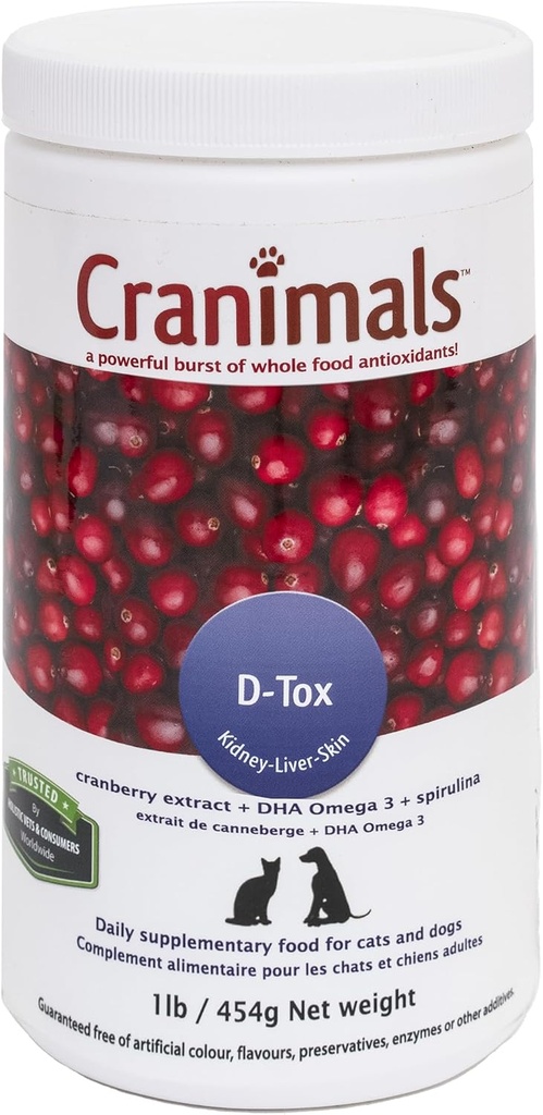 Cranimals D-Tox Daily Multivitamiin koertele, supertoidud Aminohapped, antioksüdandid, DHA rasvhapped, vitamiinid E, B, D, biotiin, mineraalid, mis toetavad ainevahetust funktsiooni, energia, lemmikloomade heaolu, pikaealisus