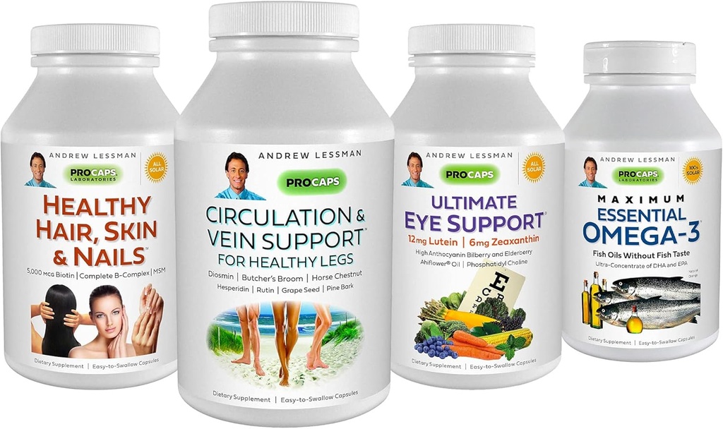 ANDREW LESSMAN 4 toote kliendi lemmikud Bundle - 60 loe iga tsirkulatsiooni ja veeni tugi, terved juuksed, nahk ja küüned, ülim silma tugi ja maksimaalne oluline Omega-3 (oranž)