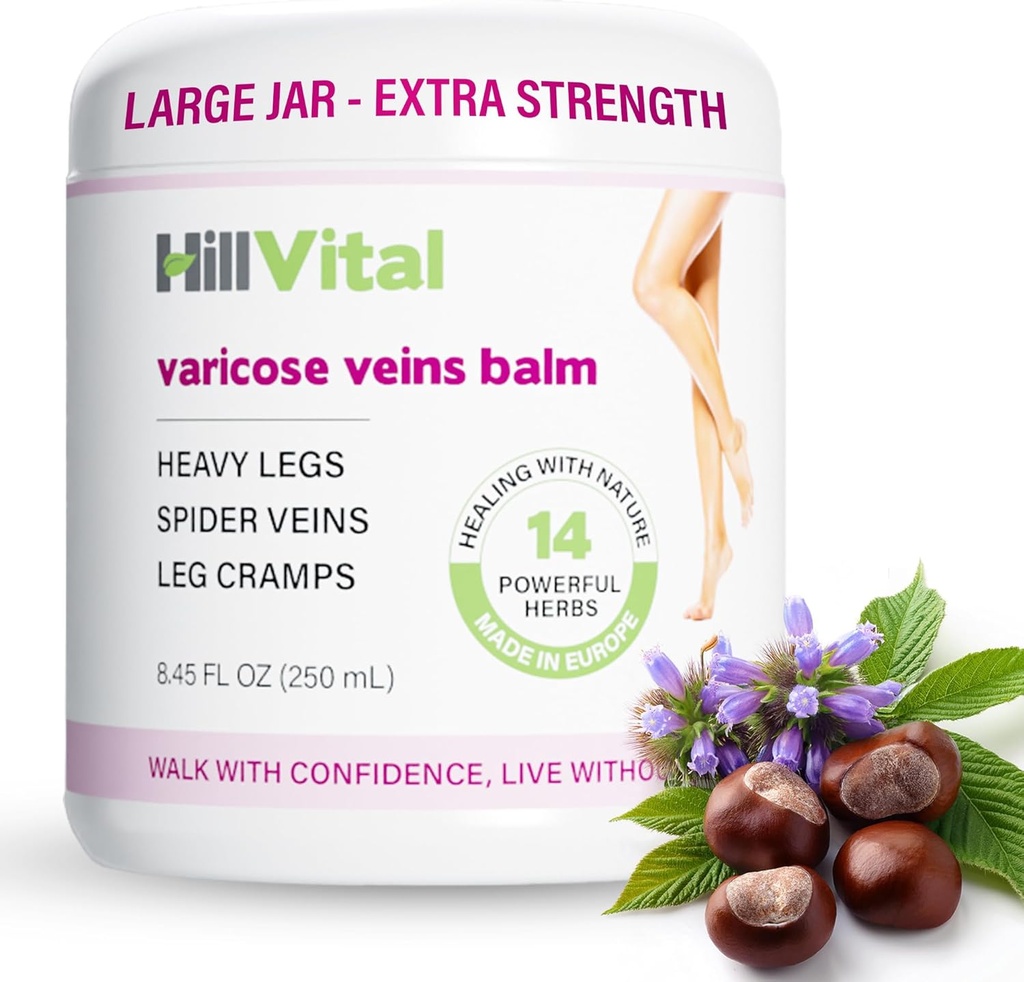 HillVital Varicose Veinide Jalgade Ravi, Looduslik Varicose Vein Cream & Spider Vein Ravi Jalgade ja muude kehaosade, Premium Horse Kastan Cream Puffed Veins, Infundeeritud 14 Herbs