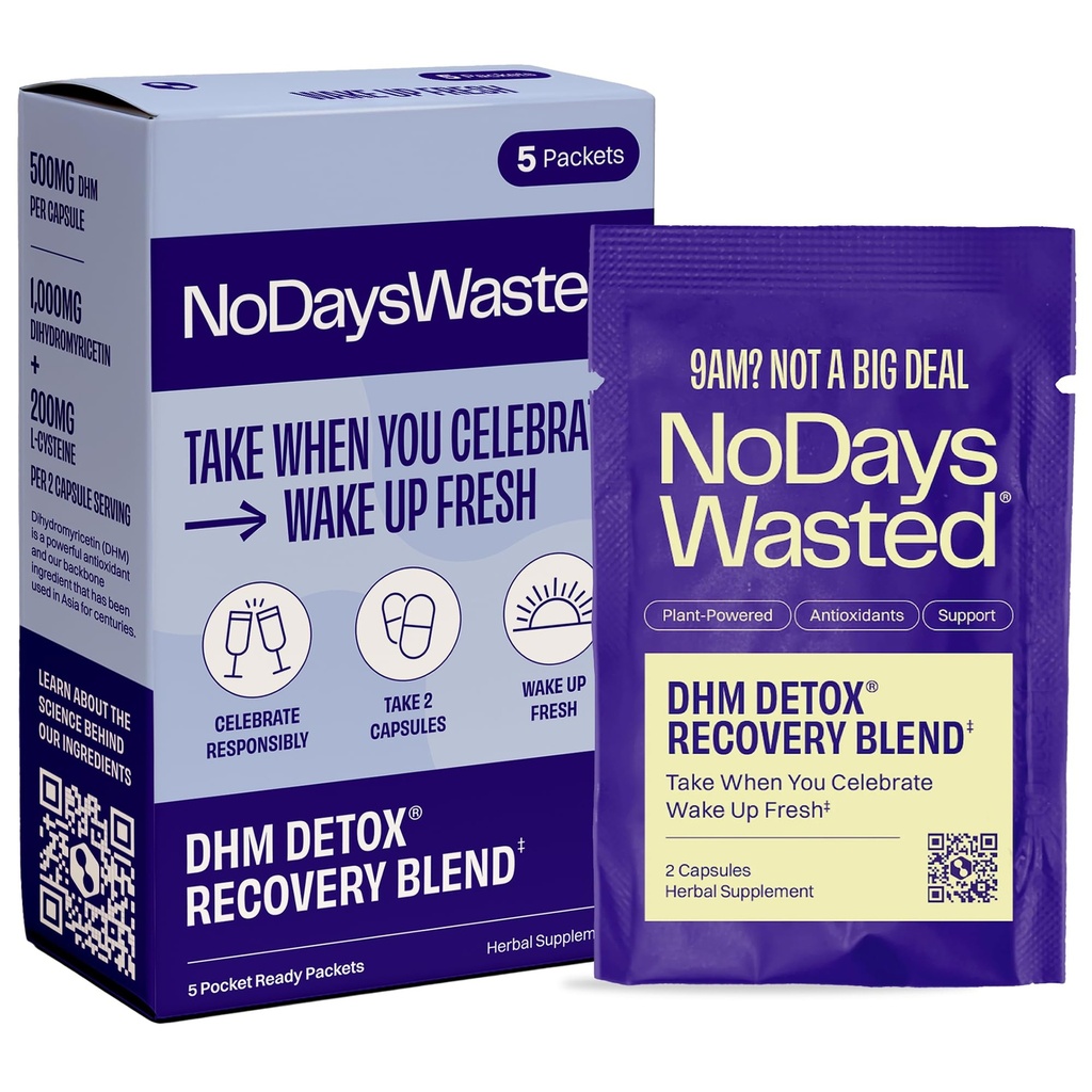 Ei päevi raisatud DHM Detox 5 Portable Servings - optimeeritud segu DHM (dihüdromüritsiini täiendada) ja vitamiine võtta õhtul parema järgmise päeva ja taastamise