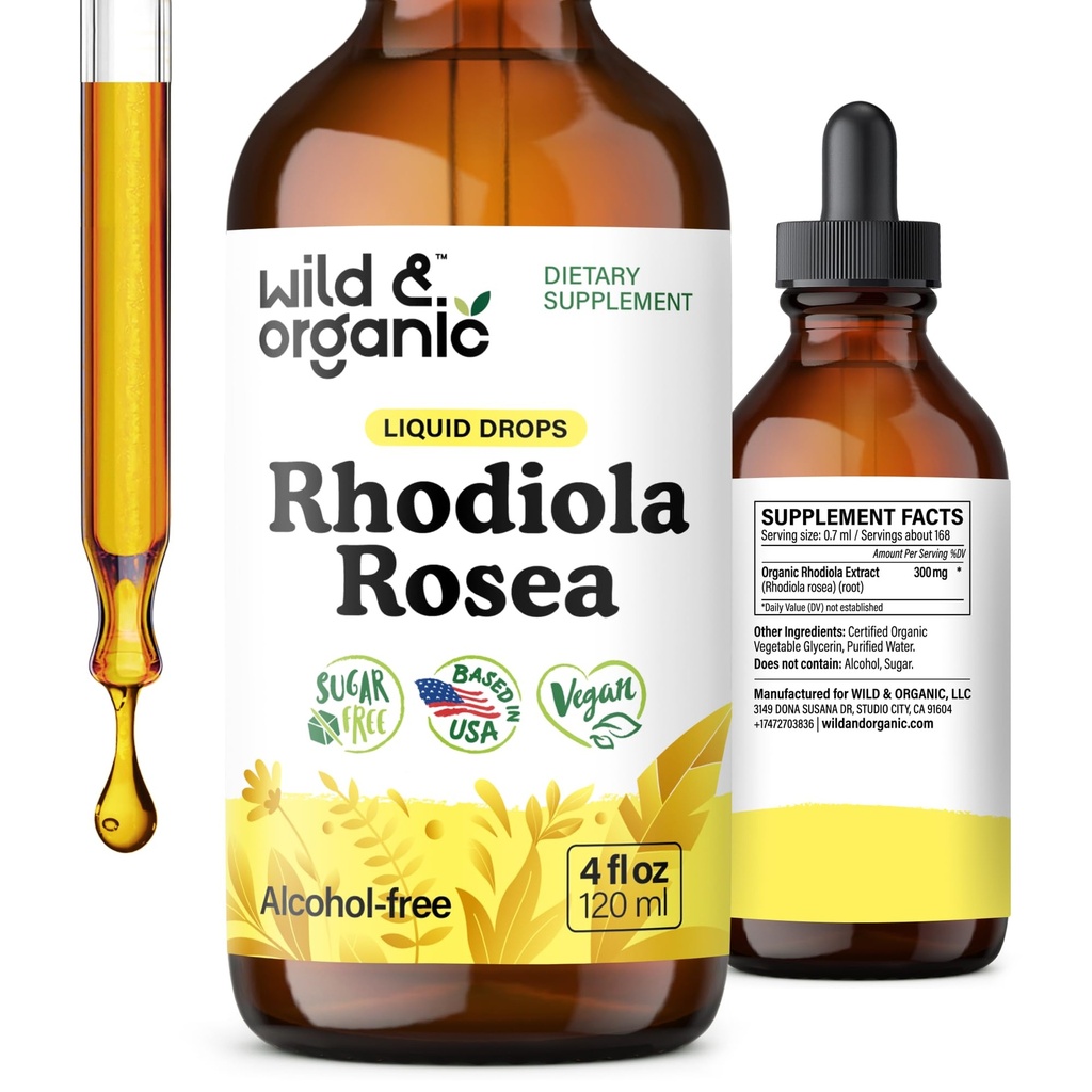 Wild & Organic Rhodiola Rosea Tinktuur - Rhodiola Rosea täiendus meeleolu toetuseks - Lõõgastav juure ekstrakt Vedelik tilgad - Vegan, suhkur ja alkoholivaba - 4 fl oz