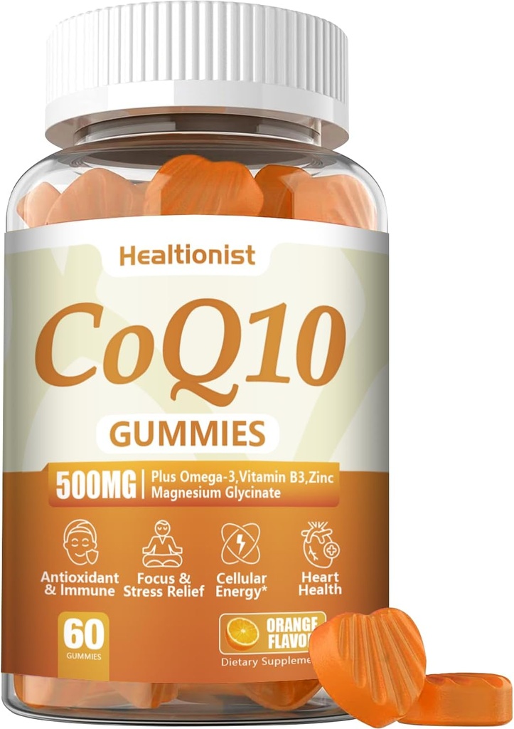 1 Pack 500MG Coq10 Gummies - 3X parem imendumine, pluss omega-3, magneesium, vitamiin B3 ja tsink - koensüüm Q10 täiendused südame tervisele, rakuenergiale ja antioksüdandile, vegan, 60 loendust