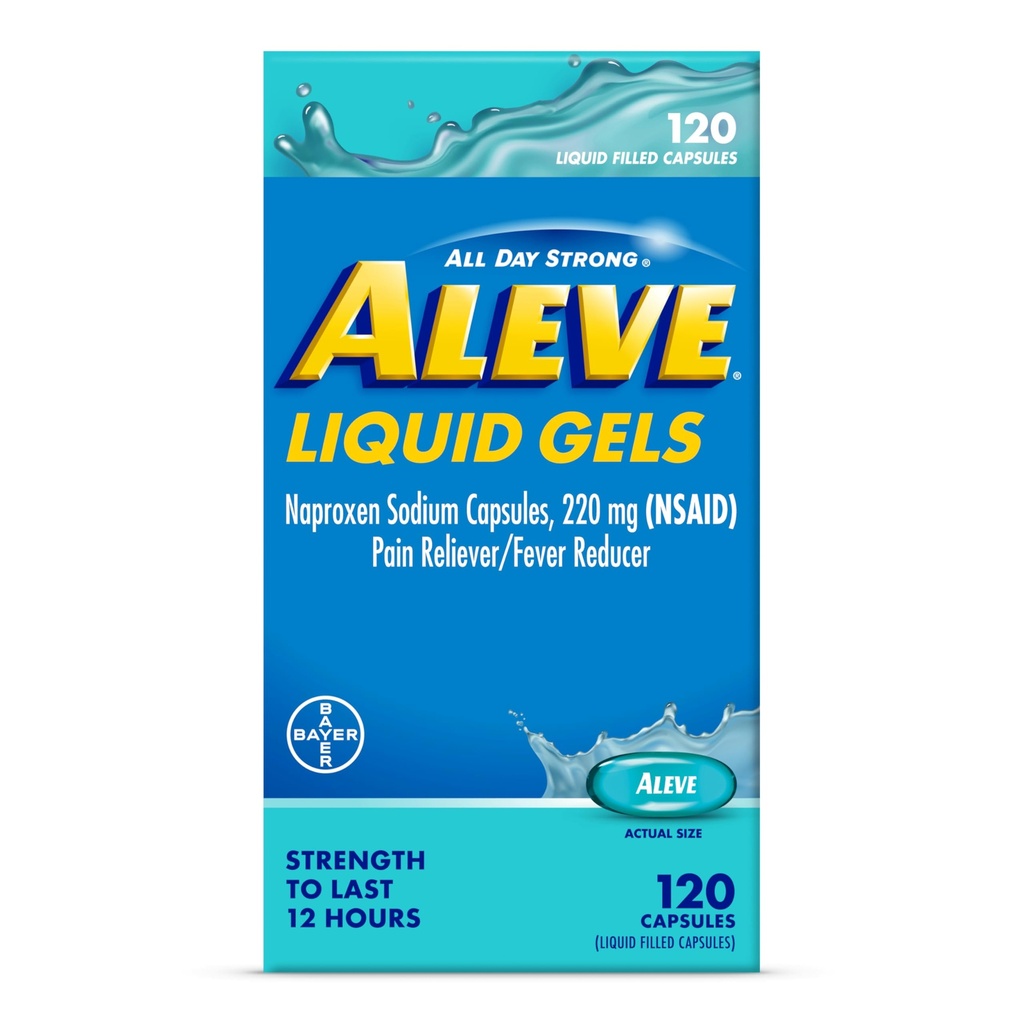 Aleve Vedelikud Kapslid , Naprokseen Naatriumkapslid 220 mg ( NSAID ) , Valu leevendaja / palaviku vähendaja , Kiire valu leevendamine , 120 loend