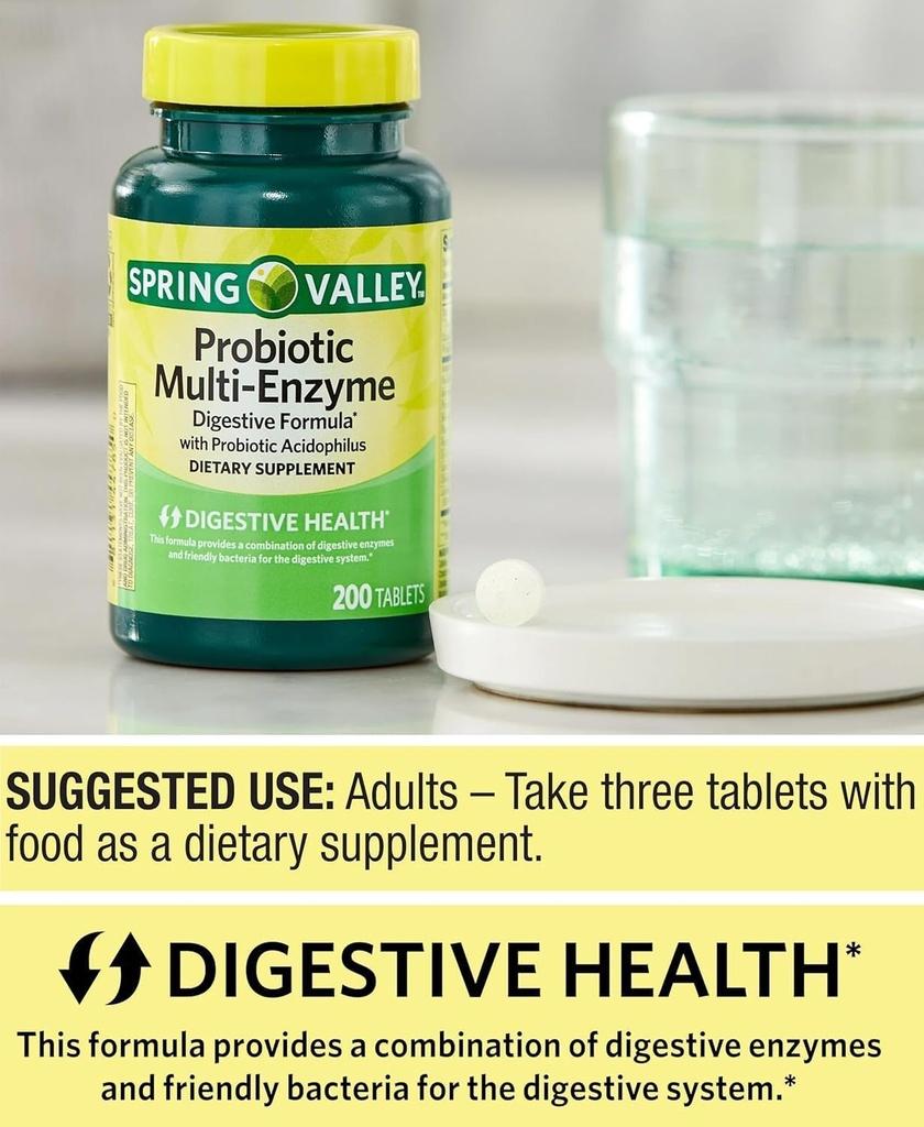 Probiootikumide täiendus meestele ja naistele seedeensüümidega, 200 tabletti - sisaldab happelist ja soolestiku tervise ja seedetrakti toetuse prebiootikume | Spring Valley probiootikumid Multi-ensüümid