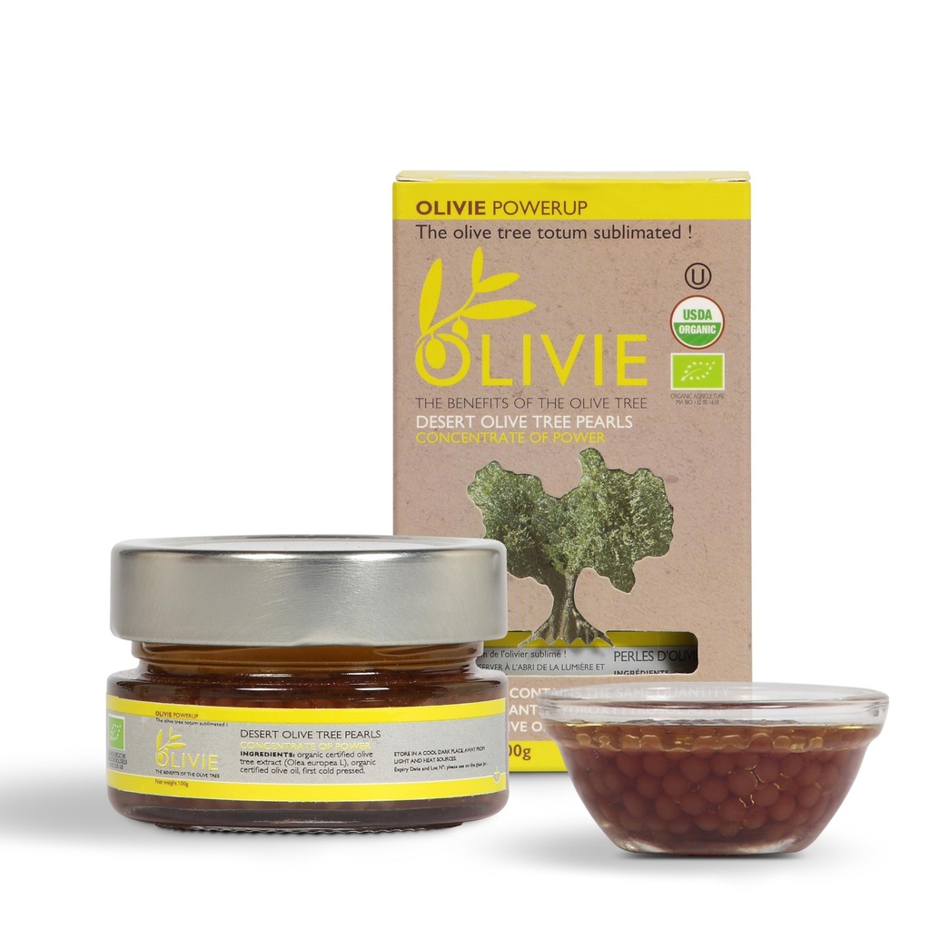 Orgaanilise oliiviõli lehtede ekstrakti kapslid, OLIVIE PowerUp Pearls, hüdroksütürosooli lisand, antioksüdantsed polüfenoolid, immuun- ja ajutoetus, 100 g