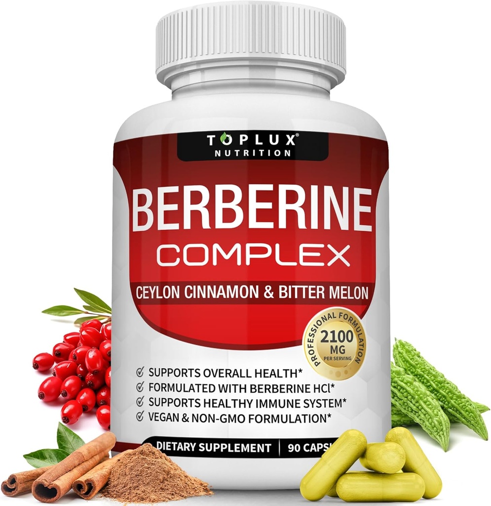 Toplux Berberine koos Ceylon Cinnamon ja Bitter Melon 2100mg - kõrge puhtus 97% HCL Berberine Supplement, toetab üldist tervise ja immuunsüsteemi, Non-GMO Vegan 90 kapslid