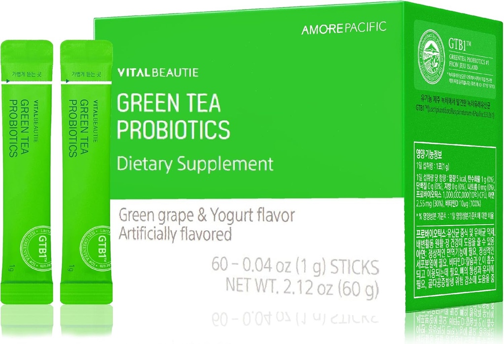 VITALBEAUTIE Roheline tee probiootikumid (Taimeallikaga probiootikumid), mis sisaldavad D-vitamiini ja tsinki soolestiku tervise jaoks AMOREPACIFIC Korea Acidophilus Probiotic - 60 Sticks