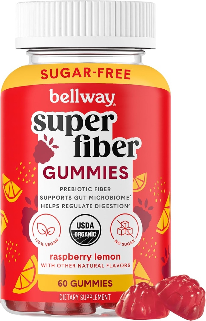 Bellway Super Fiber Gummies täiskasvanutele - Sugar Free Organic Fiber Supplement Gummies 4g kiudaine kohta Serving - Prebiootiline siguri Root Fiber seedetrakti tervise, Vaarika Lemon, 60 Count