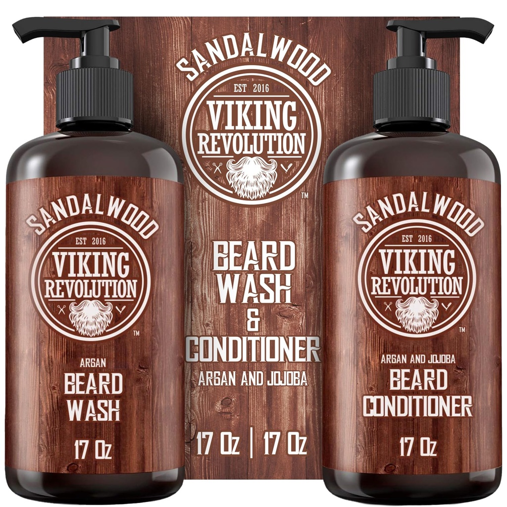 Viking Revolution Beard Wash & Beard Conditioner komplekt Argan & Jojoba õlidega - pehmed ja tugevad - looduslik Sandalwoodi lõhn - habemega šampoon (17 oz)
