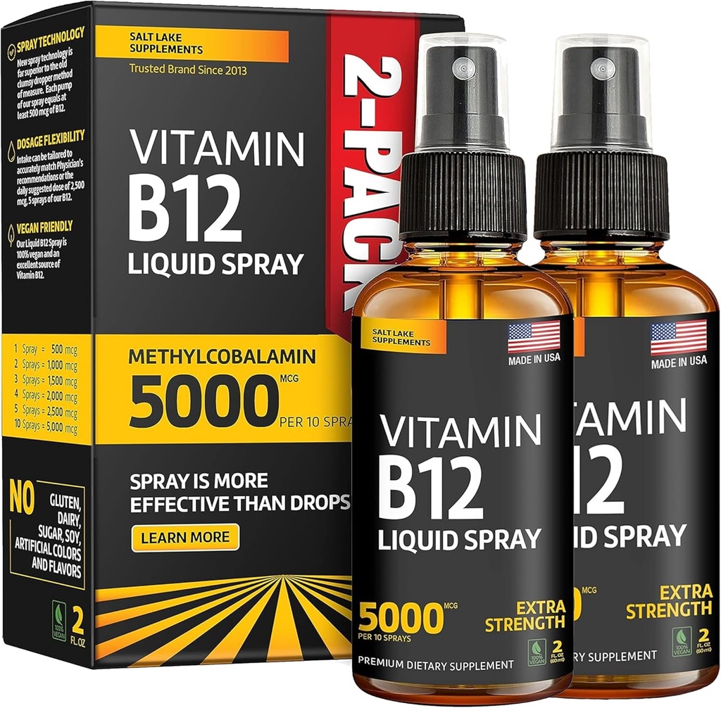 (2 Pack) - Vedel B12 Spray 5000 mcg - Vitamiin B12 Sublingual - Vegan B12 Vitamiin Spray - Metüülkobalamiin Vitamiin B12 Vedel suurendab energiat ja meeleolu - Gluteenivaba ja mitte-GMO