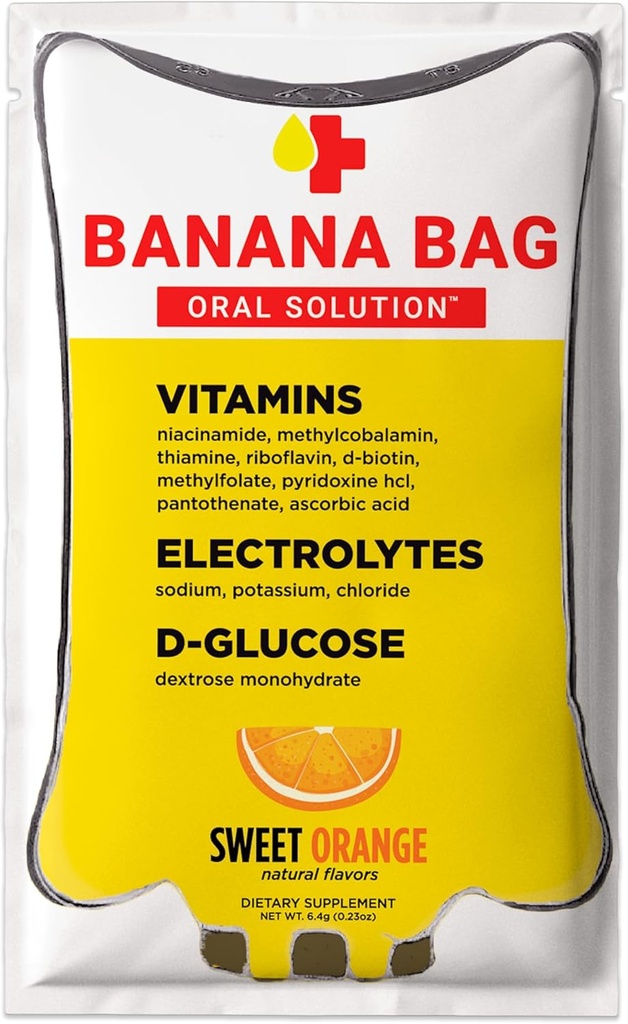Banana Bag Oral Solution Recovery Packets - Sweet Orange 15pk | värskendav segu elektrolüütide, C-vitamiini ja B-kompleksi hüdraatmiseks ja energiaks. Mugav, kergesti segunev ja ideaalne igale elustiilile.