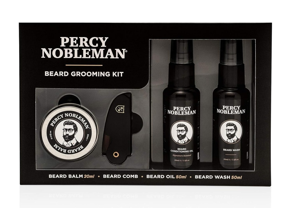 Percy Nobleman Beard Grooming Kit - Signature Scented Bear Oil 50 ml, Wash 50 ml, Balm 20 ml & Comb
