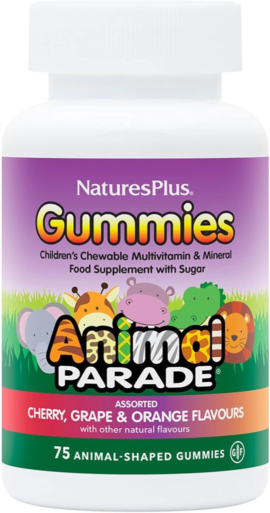 NaturesPlus Animal Parade Eluallikas Kummid - Looduslik Apelsin, Viinamarja- ja Kirsimaitse - 75 Animal Shaped Gummies - Terve Toidu Laste Multivitamiin - Gluteenivaba - 37 Servings