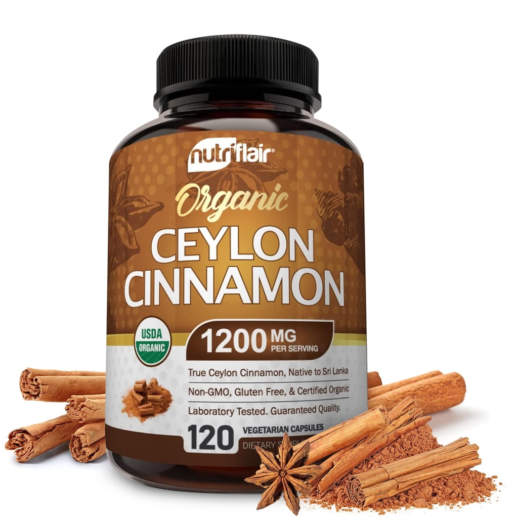 NutriFlair Organic Ceyloni kaneeli lisa 1200mg, 120 kapslit - USDA sertifitseeritud - mitte-GMO, gluteenivaba pulber, antioksüdandid