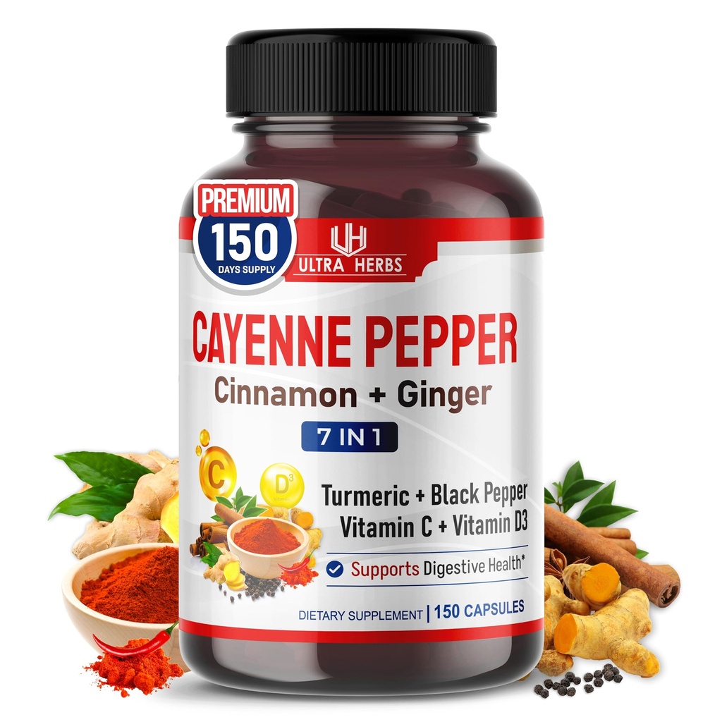 Cayenne Pepper 7 in 1 - - ingveri, kurkumi, kaneeli, musta pipariga - soodustab seedetrakti funktsiooni (150-päevane pakkumine (1. pakk))
