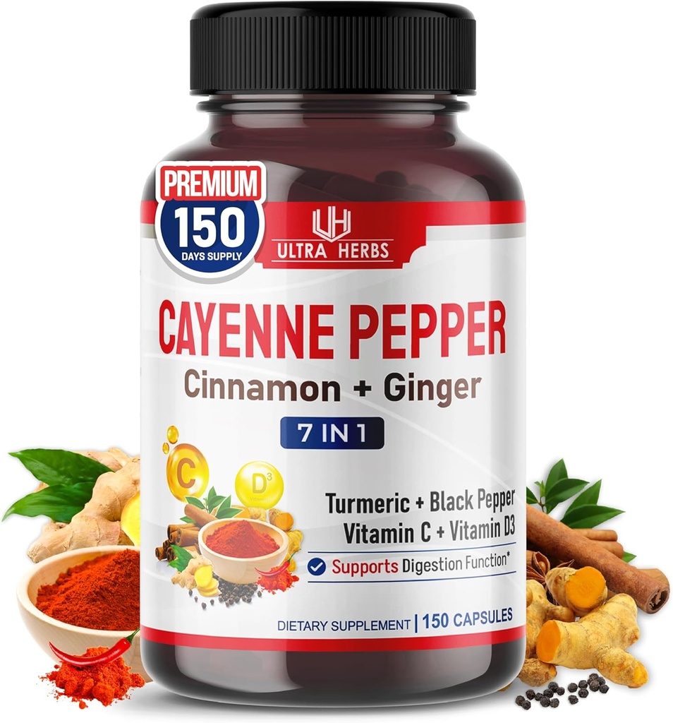 Cayenne Pepper 7 in 1 - - ingveri, kurkumi, kaneeli, musta pipariga - soodustab seedetrakti funktsiooni (150-päevane pakkumine (1. pakk))