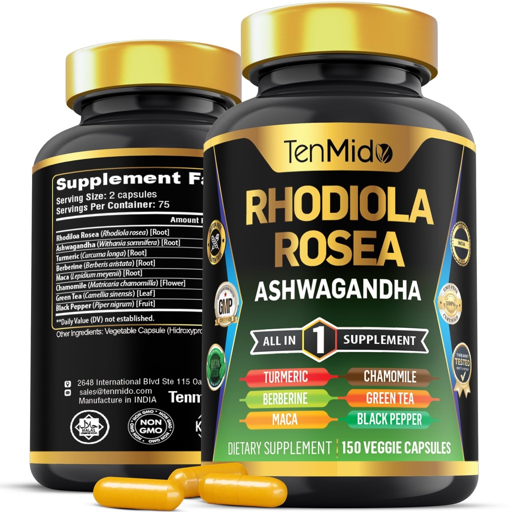 Rhodiola Rosea täiendus - 8in1 valem - kombineerige ashwagandha, kurkum, berberiin, maca, kummel, roheline tee ja must pipar - toitainerikkad - 150 vegankapslit