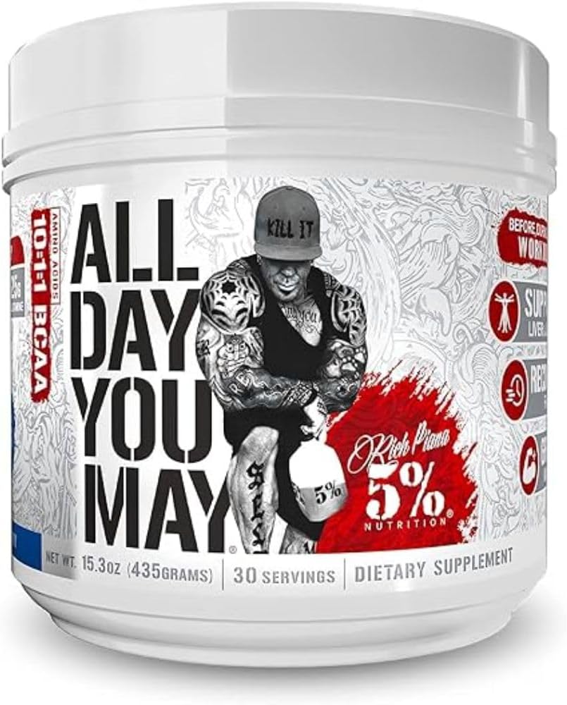 5% Toitumine Rich Piana AllDayYouMay BCAA pulber | Premium Intra & Post Workout Aminohapped, EAA, elektrolüüdid | Hüdratsioon, vastupidavus, taastumine | Vegan & Keto | 16,4 oz, 30 Srvgs (sinine vaarikas)