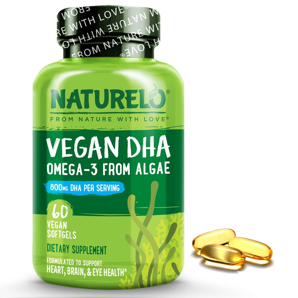 NATURELO Vegan DHA - Omega 3 õli vetikatest - aju, südame, liigese, silmade tervise lisand - annab naistele, meestele ja lastele olulisi rasvhappeid - täiendab sünnieelseid vitamiine - 60 softgelit