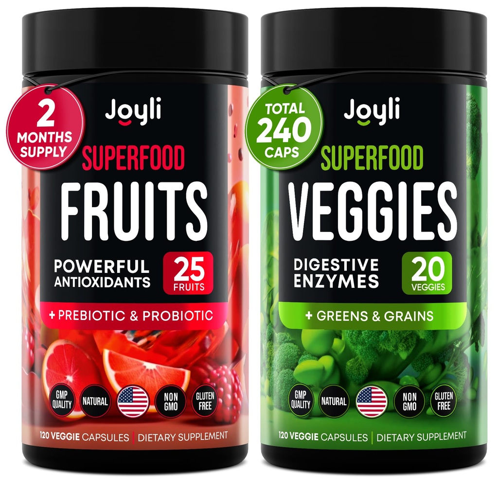 Puuviljade ja köögiviljade täiendus - kõrge kiudaine lisand immuunsusele, soolestikule ja energiale - Super Reds & Super Greens toidulisandid vahukommi juurega - 240 punast ja superrohelist pulbrit Superfood kapslid