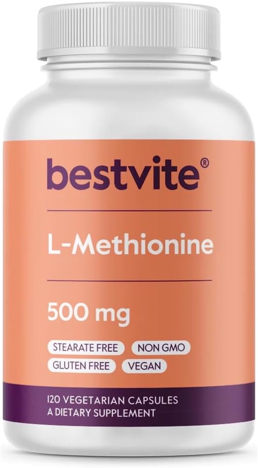 BESTVITE L-metioniin 500mg (120 taimekapslit) - Stearaatide puudumine - vegan - GMO-vaba - gluteenivaba