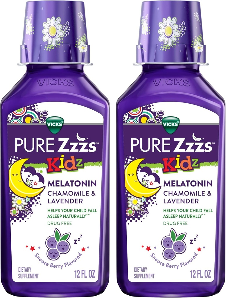 Vicks Pure Zzzs Kidz Melatoniin, Kids Melatoniin Vedel, Uneabi, Ravimivaba, Vedel Melatoniin 1mg, Kummel & Lavendel, Melatoniin Sleep Aids for Kids, Snooze Berry Flavored, 2 Pack, 24 FL OZ