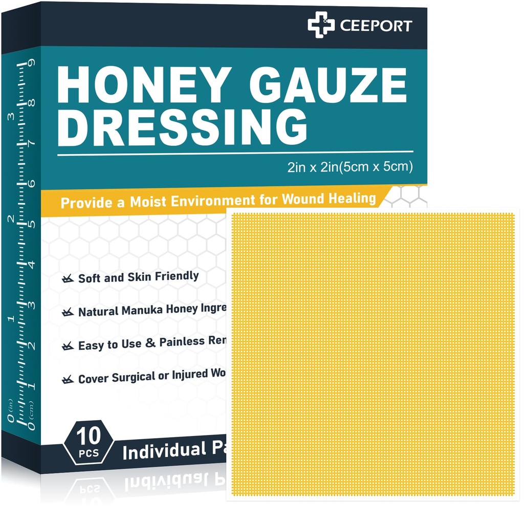 Manuka Honey Gauze Wound Dressing 2" x 2",10 Pack Manuka Honey Haavahoolduspadjad, Medical Grade Honey Bandages haavahoolduseks, Honey Patch kiiremaks paranemiseks põletustest, abrasioonidest, lõikamistest ja sooltest