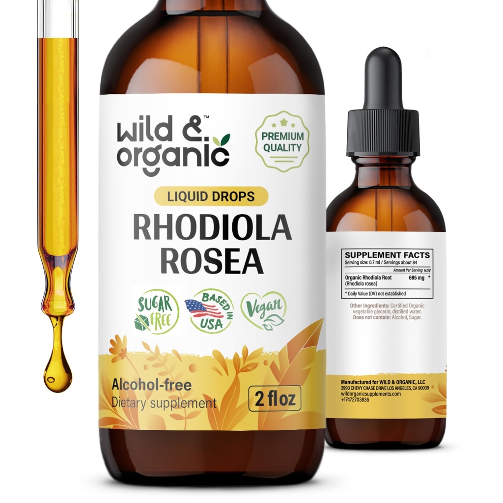 Wild & Organic Rhodiola Rosea Tinktuur - Mood Support - Lõõgastav Rhodiola Supplement - Juur Ekstrakti Vedelik tilgad - Vegan, Suhkru Ja Alkoholivaba - 2 fl oz