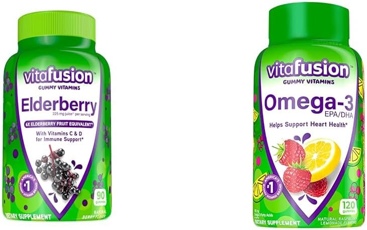 Vitafusion Elderberry Gummy Vitamiinid 90ct & Omega-3 Gummy Vitamiinid Berry Lemonade Maitsestatud 120ct