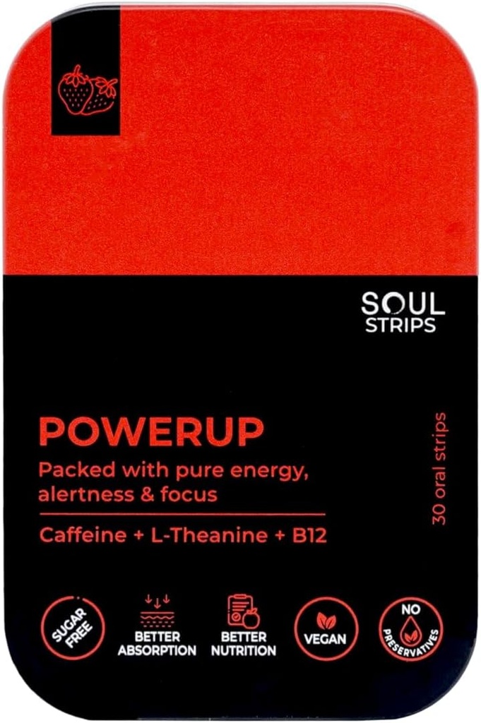 Soul Strips Power Up - treening + energia Suukaudsed ribad kofeiini, L-Theanine, vitamiin B12, maasikamaitse, suurendab ainevahetust, kiiret imendumist, igapäevast kasutamist, nullsuhkrut, veganit, 30 ribapakendit
