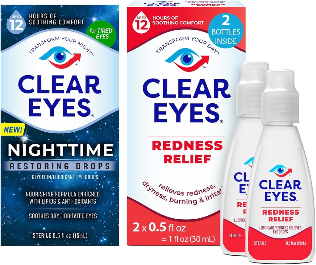 Bundle of Clear Eyes Nighttime Restoring Eye Drops, Nighttime Relief Kuivad Silmatilgad, 0,5 Fl Oz + Clear Eyes Redness Relief Silmatilgad, 0,5 oz, Dual Pack