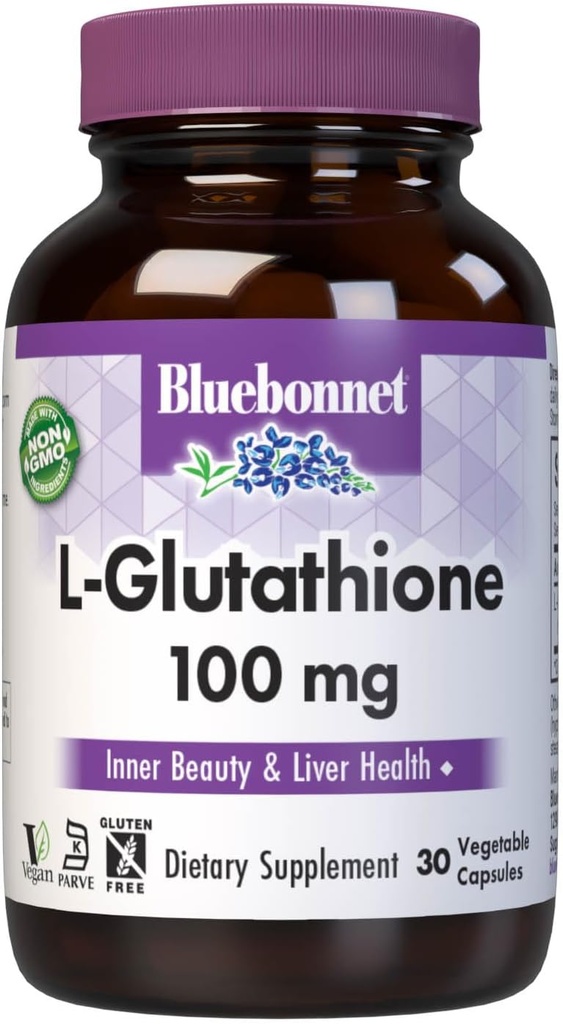 Bluebonnet Nutrition L-Glutatioon 100mg, vaba vorm Aminohape, vabade radikaalide kaitseks, sojavaba, gluteenivaba, mitte-GMO, Kosher Certified, Vegan, 30 köögiviljakapslit, 30 serveerimist