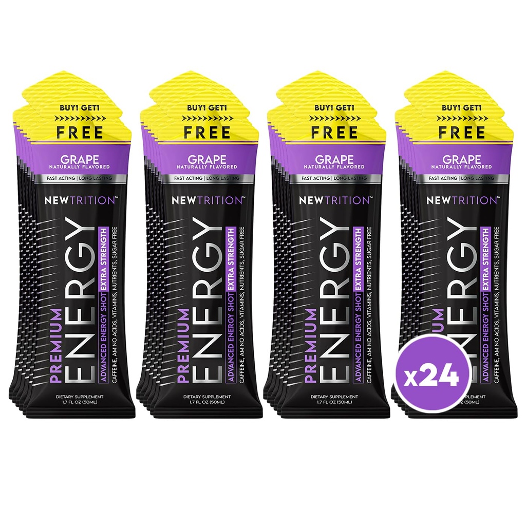 NewTrition® Extra Tugevus Energia Shots, 250mg Kofeiini Energia Shots B-vitamiini ja Aminohapped, Suhkruvaba Vitamiini Energia Shot, 1,7 fl oz (pakk 24, viinamarjad)