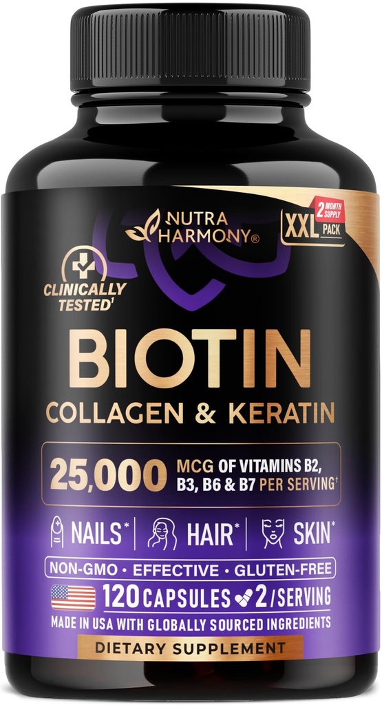 Biotiin | kollageen | hüaluroonhape | Keratiin - kliiniliselt testitud lisand - juuste kasvu toetus, nahk ja küüned - 25000 mcg vitamiinid B2, B3, B6 & B7 + B1 - valmistatud USA-s - naised ja mehed | 120 kapslit