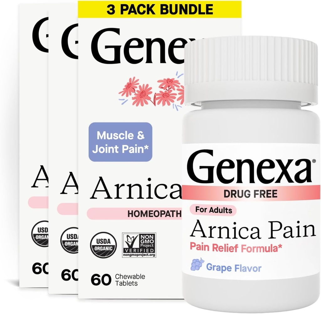 Genexa Arnica tabletid valu leevendamiseks valem | Leevendavad lihased ja liigesevalu, valulikkus, & jäikus | Maitsev orgaaniline viinamarjamaitse | Homöopaatiline ravim tehtud puhtaks | 300 närimistabletti (3 pakendit)