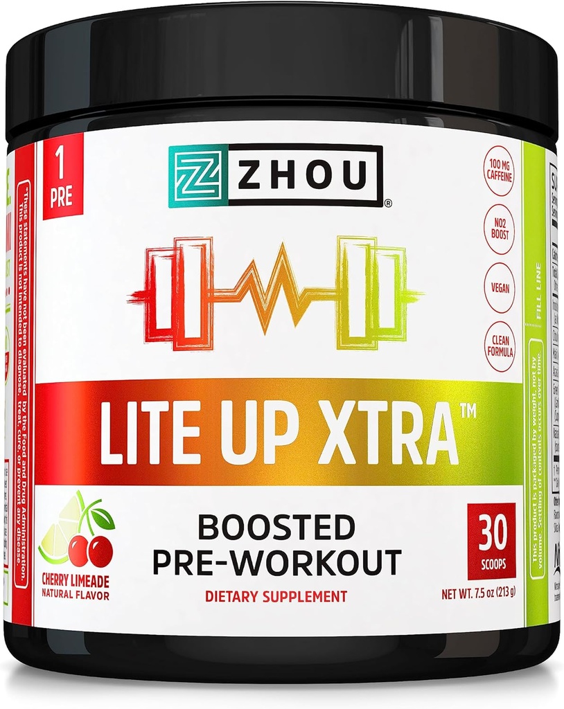 Zhou Lite Up Xtra - suhkruvaba eeltreeningu pulber naistele ja meestele, eeltreeningu täiendus kofeiiniga puhtaks energiaks, aminohappe toetus, hüdraat ja fookus, taimepõhine - 30 Scoops