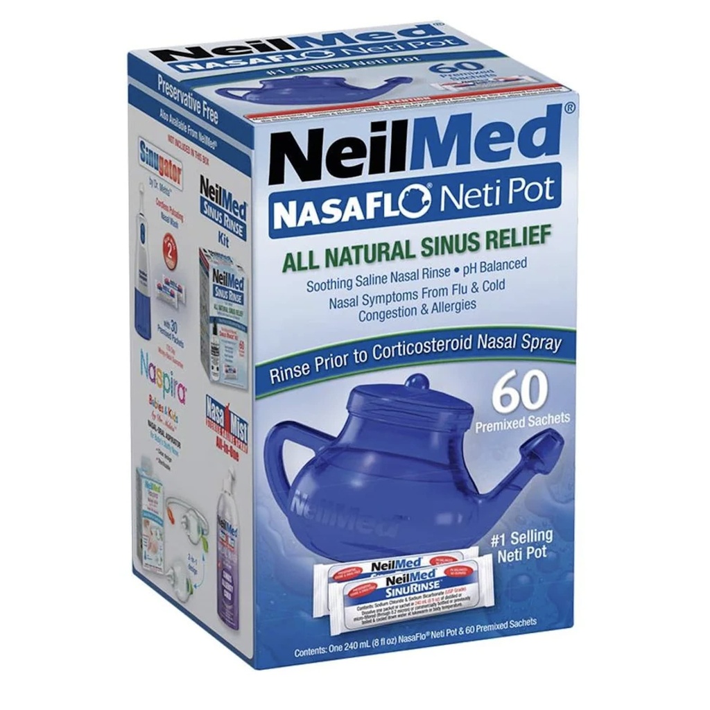 NeilMed NasaFlo Purunematu Neti Pot 60 eelsegatud pakendiga