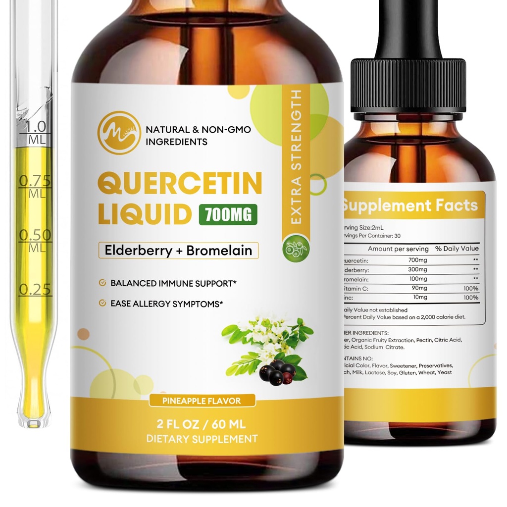 Quercetin Vedelad tilgad - Quercetin Supplements 700mg - 4X Tugevam kui pillid ja kapslid - 5 in 1 Quercetin koos Bromelain Elderberry Vitamiin immuunsuse Tervis Hingamine Tervis Nahahooldus - 2 Fl Oz