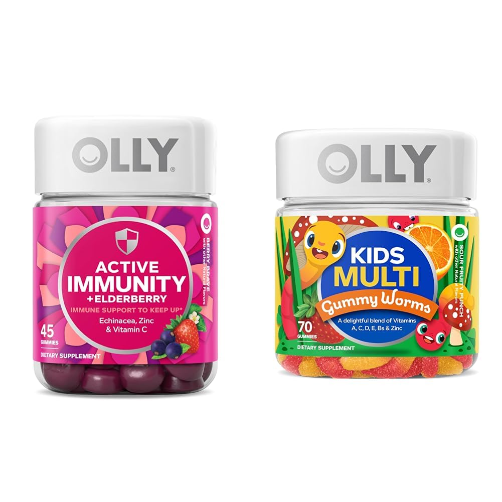 OLLY Gummy Active Immunity + Elderberry 45 Gummies & Kids Multivitamiini Gummy Worms 70 Count