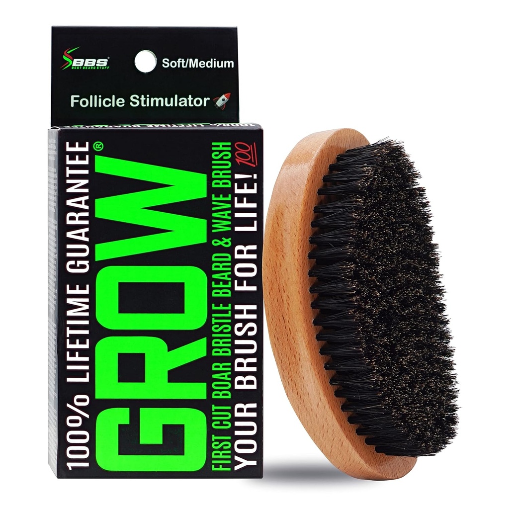 GROW Boar Bristle Beard Brush & 360 Wave Brush for Men – Bear and Mustache Growth Brush – Beard Brush for Men & Follicle Stimulator – Exfoliate, Detangle & BoostCirculation – USA Made