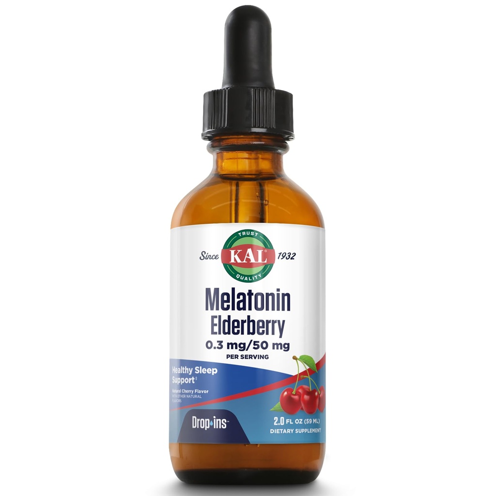 KAL 0,3 Mg Melatoniin Kirss Elderberry Dropins, 2 Fluid Ounce
