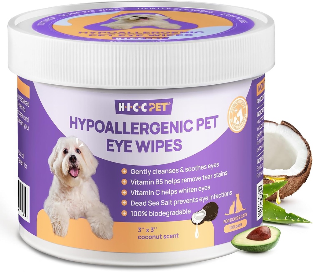 HICC PET Silmad Pühkige koertele ja kassidele, Vet-Soovitatud Koera Silmainfektsiooni Ravi, Õrnalt Eemaldage Pisaraplekk, Kõrva, Väljaheide - Hüpoallergeenne Lemmiklooma Silmapese Puhastaja Silmadele, Kortsus, Nägu - 100 tk