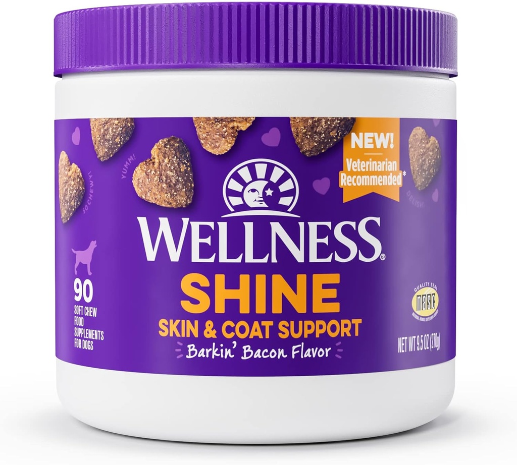 Wellness Barkin' Bacon Maitsestatud Pehme närimisnahk & Coat Supplements koertele, 90 Count
