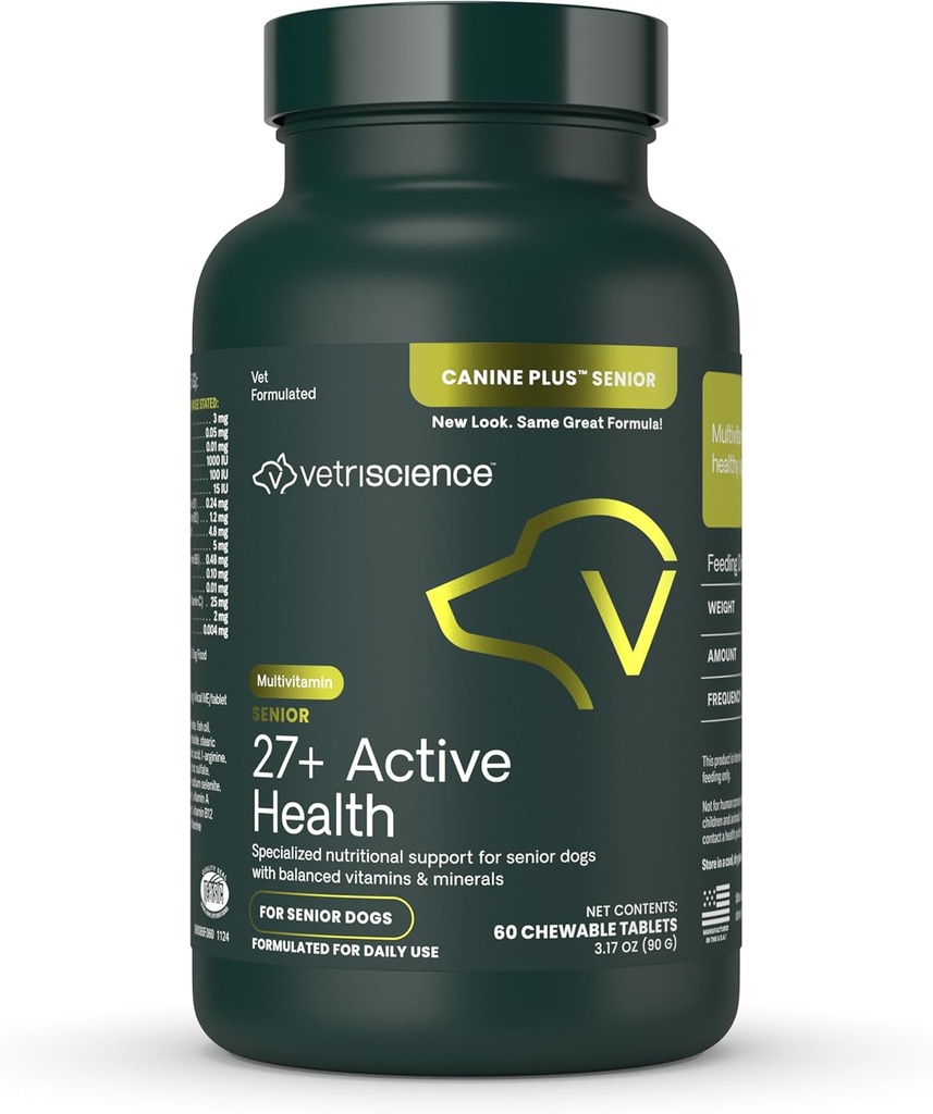 VetriScience Senior 27+ aktiivse tervise närimistabletid, koer pluss igapäevane multivitamiin vanematele koertele, tasakaalustatud vitamiinid, mineraalid ja antioksüdandid, vananemise ja heaolu tugi, Veggie, 60 krahv