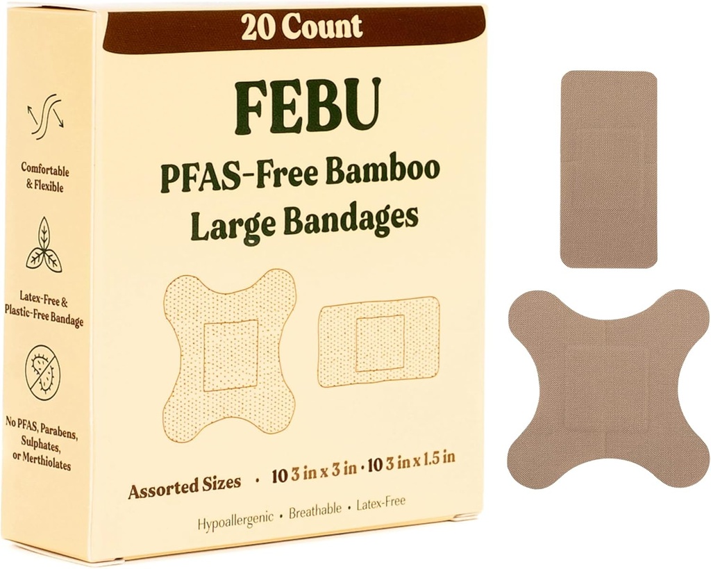 FEBU Eco-Friendly Large Bamboo Bandages | PFAS Free Bandages for Scraps & Cuts | Flexible Fabric Bandage | Fully Compostable, Latex Free Bandage | 20 Count Large