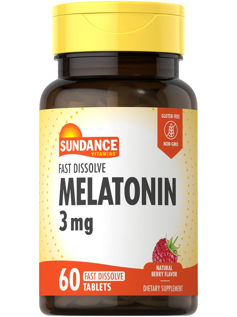 Sundance Melatoniin 3mg Kiire lahustamine | 60 taimetoitlast tabletti | looduslik marjamaitse | Taimetoitlane, mitte-GMO ja gluteenivaba toidulisand