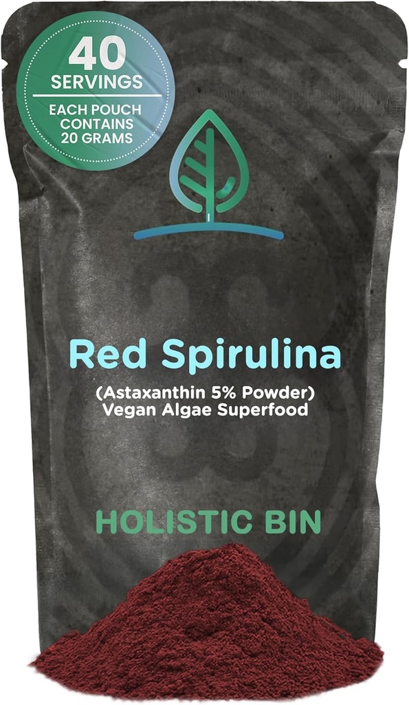 Holistic Bin Organic Astaxanthin Powder | Powerful Natural Antioxidant Supplement for Smoothies and Capsules | Whole Haematococcus Pluvialis Algae Supplement (20 Grams)