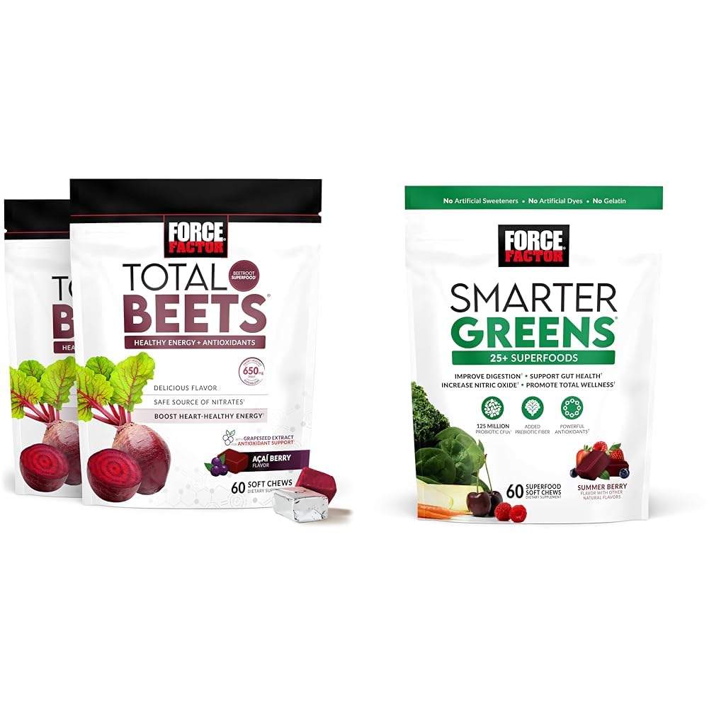 Jõutegur Kogu peedid Pehmed närid koos peediga, viinamarjade ekstrakt, antioksüdandid, nitraadid, L-tsitrulliin, 120 krahv, 2-pake ja targemad rohelised Superfood Chews 25+ Superfoods, probiootikumid, antioksüdandid ja kiud, 60 krahv